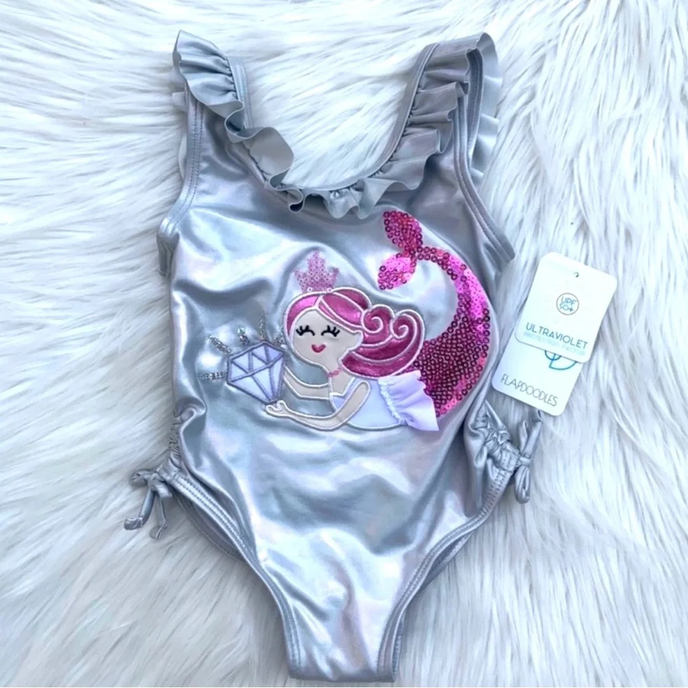 Flapdoodles Girls Mermaid Bathing Suit Metallic Silver & Pink Toddler Size 2